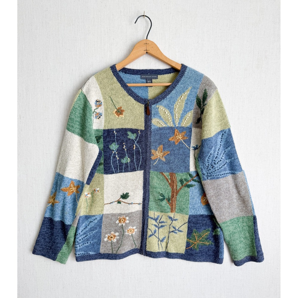 Northern Isles Womens‎ Patchwork Embroidered Botanical Full Zip Cardigan Blue M
